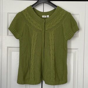 Cato Women's Sz Large Sweater Short Sleeve Green Hidden Snap Front Cable Knit